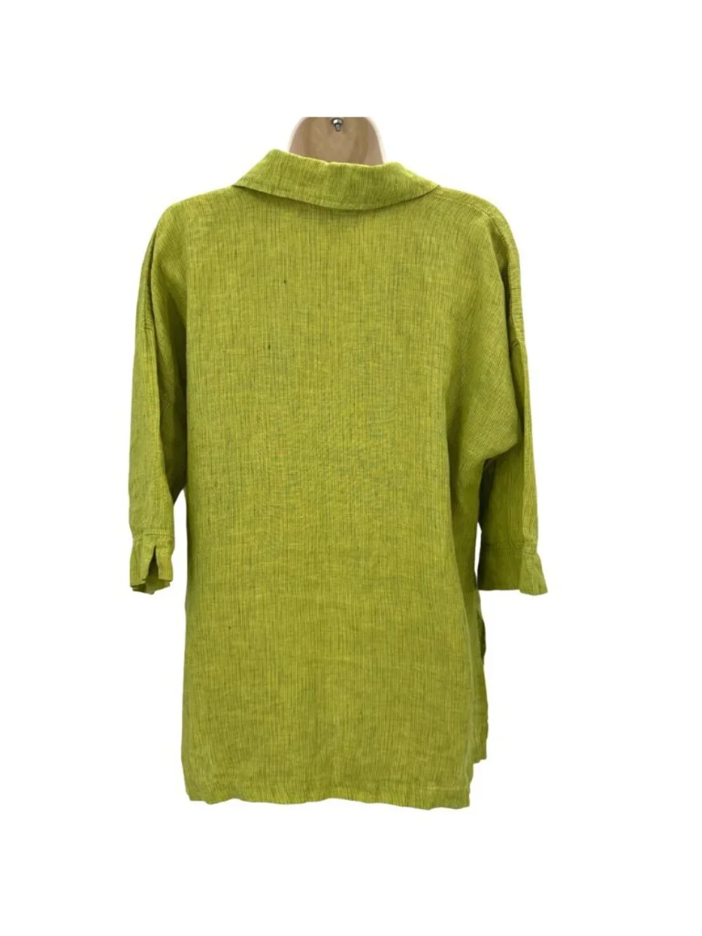 NWOT Flax Womens Green Button-Up 100% Linen Collared 3/4 Sleeve Tunic Shirt S